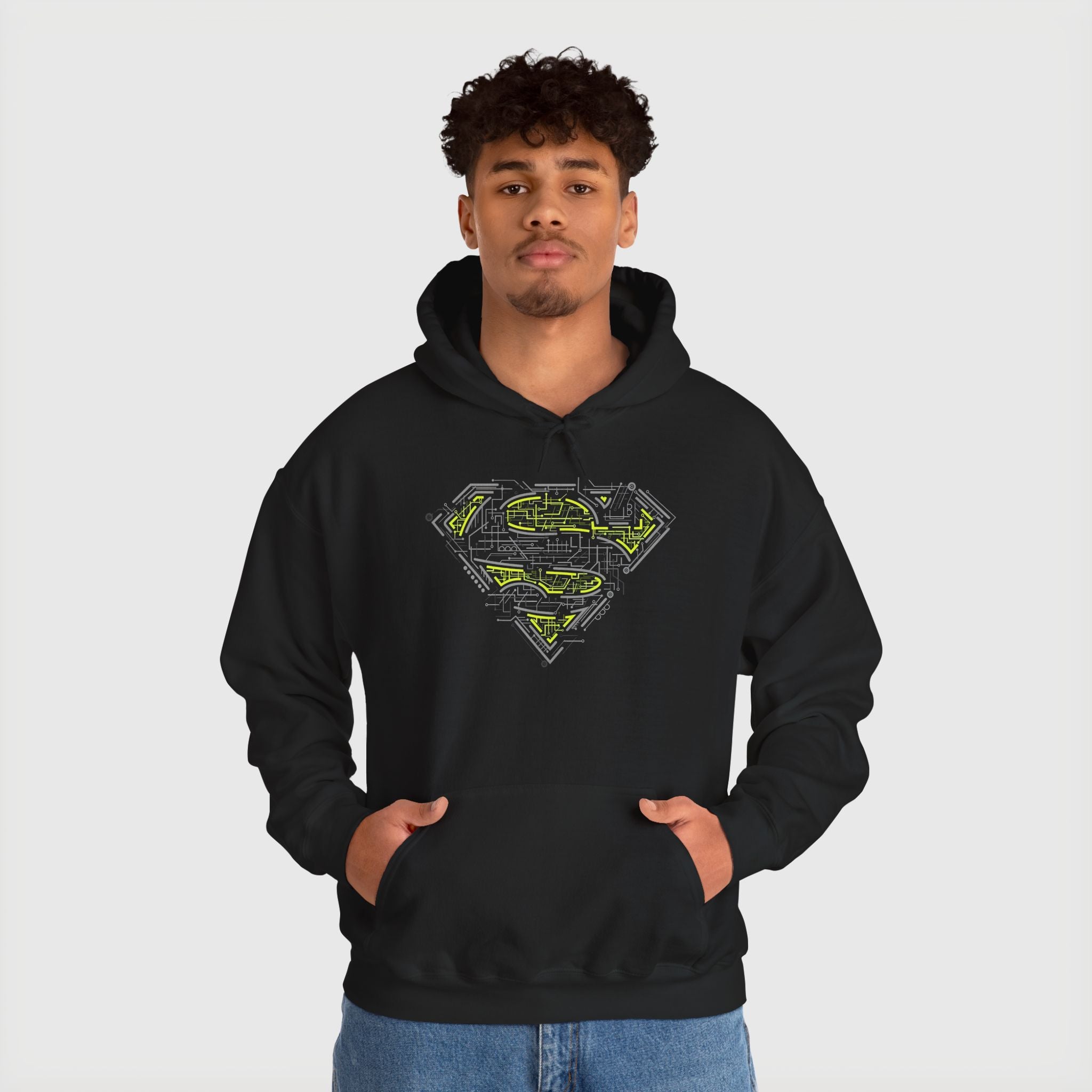 Superman Tech Shield Hoodie — Futuristic Man of Steel Fanart Logo Pullover