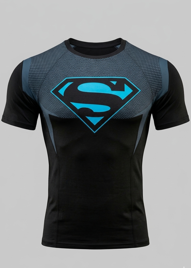 Black t-shirt with blue Superman logo on a gray background