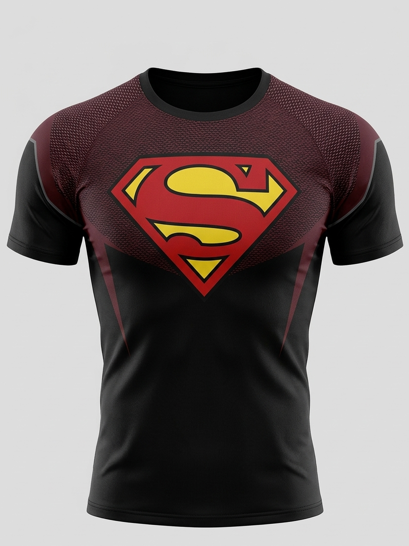 Black t-shirt with Superman logo on a gray background