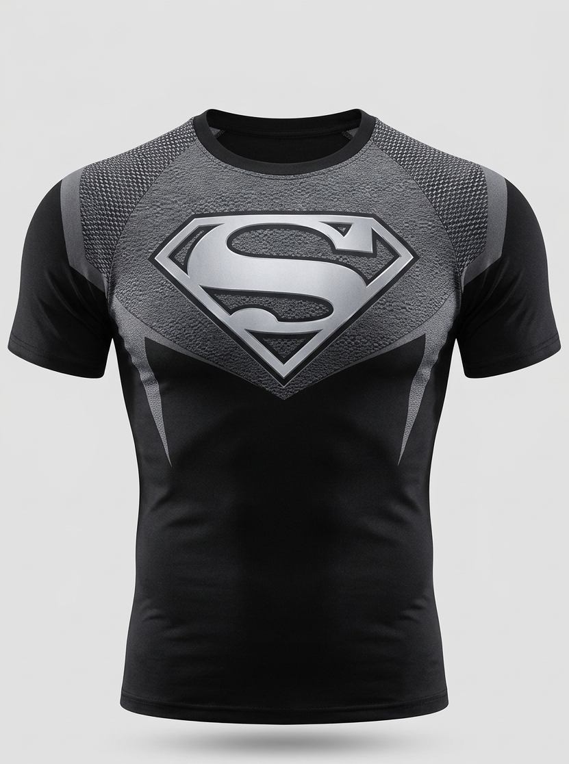 Black and gray t-shirt with Superman logo on a light gray background