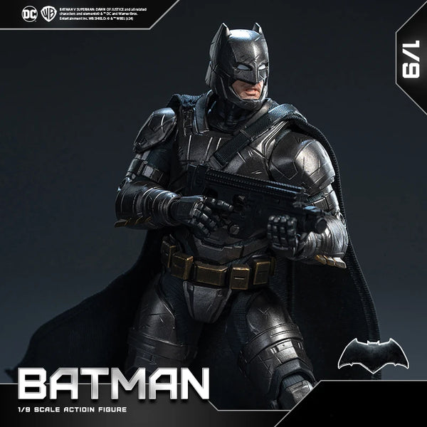 Batman action figure with tactical gear on a dark background